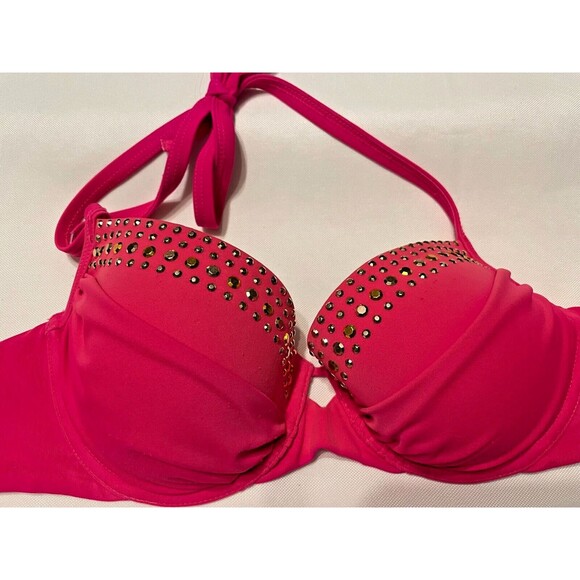 Victoria's Secret Other - Victoria's Secret 32C Swim Top Push up Bra Bling Gold Studs hotie halter Pink